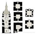 Колокольня Николаевской церкви: сечение по оси восток-запад, планы ярусов