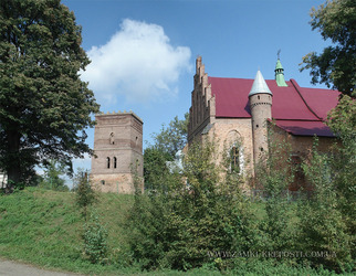 Костёл в Скелевке: вид на башню-колокольню и храм с юга